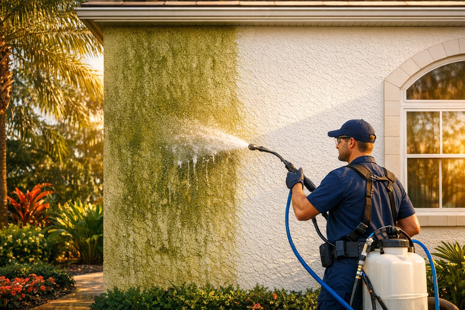 Professional soft washing service on a Florida home exterior