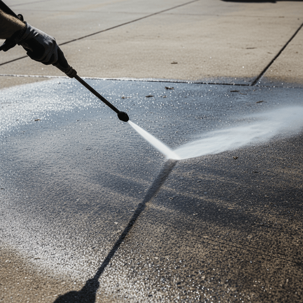 Pressure washing a concrete driveway showing cleaning transformation